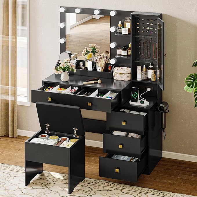 Vanity Desk with Mirror and Lights, Black Makeup Vanity with 5 Drawers Hidden Jewelry Organizer& LED Glass Cabinet,3 Light Mode and Brightness Adjusted,Vanity Mirror with Lights Desk and Chair
