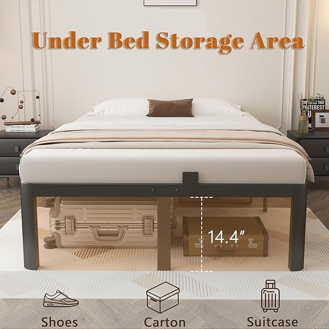 Full Size Bed Frame 16 Inch, Black Full Bed Frame with Anti-Slip Baffles, No Box Spring Needed, Heavy Duty Steel Platform Supprt, Rounded Corner Legs, Reserved Holes, Noiseless, Storage Space