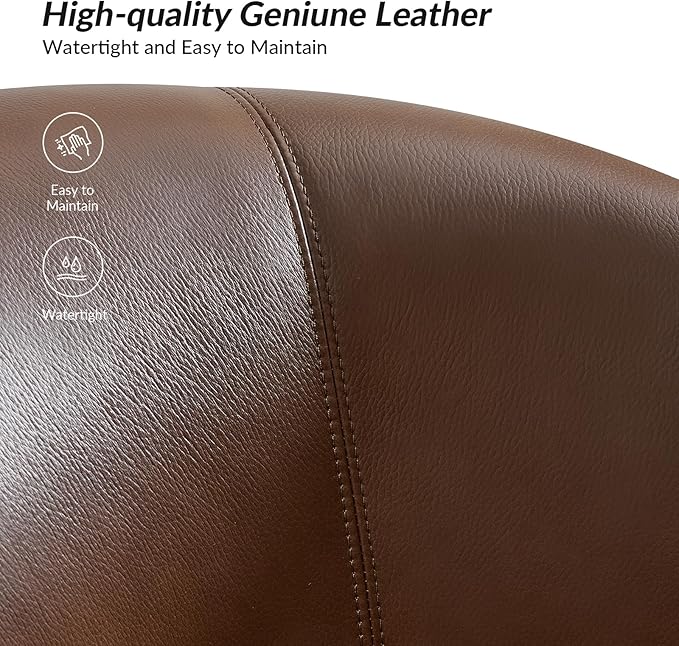 HULALA HOME Genuine Leather Swivel Accent Chairs Set of 2 with Solid Wood Base, Round Swivel Barrel Chairs for Living Room and Bedroom, Brown
