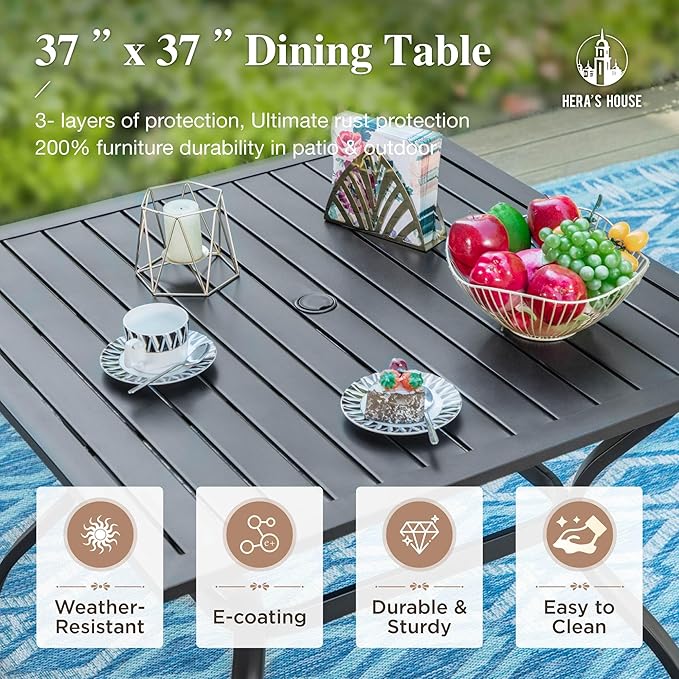 HERA'S HOUSE Outdoor Dining Set 5-Piece, 4 PE Wicker Patio Chair with Cushion & 37" Square Metal Dining Table with 1.57" Umbrella Hole for Lawn Garden Backyard Deck