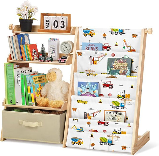 Kids Bookshelf and Toy Storage Organizer 2 in 1 Toddler Bookcase-4 Tier Book Shelf with Toy Box for Kids Room,Nursery,Playroom