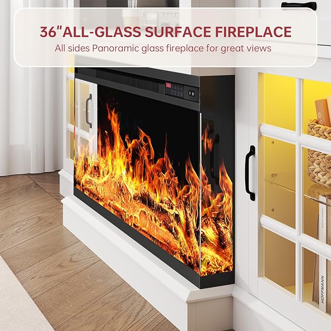 oneinmil 70" Fireplace TV Stand with 3-Sided Glass Electric Fireplace, Farmhouse Wood Entertainment Center with LED Lights, 36" Fire Place TV Stands with Storage Cabinet for Living Room, White