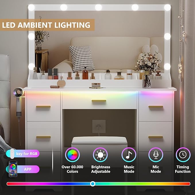 Makeup Vanity Desk with Mirror and Lights, Glass Top Vanity with 38" Lighted Mirror & Charging Station, Large Vanity Mirror with Lights Desk and Chair for Girls 3 Lightings Mode Adjusted, White