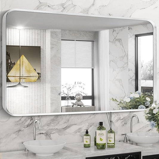 Brushed Nickel Bathroom Wall Mirror, Silver Metal Framed Large Rounded Corner Rectangle Mirror, Tempered Glass, Shatter Proof, Hangs Horizontally or Vertically (28" x 60", Silver)