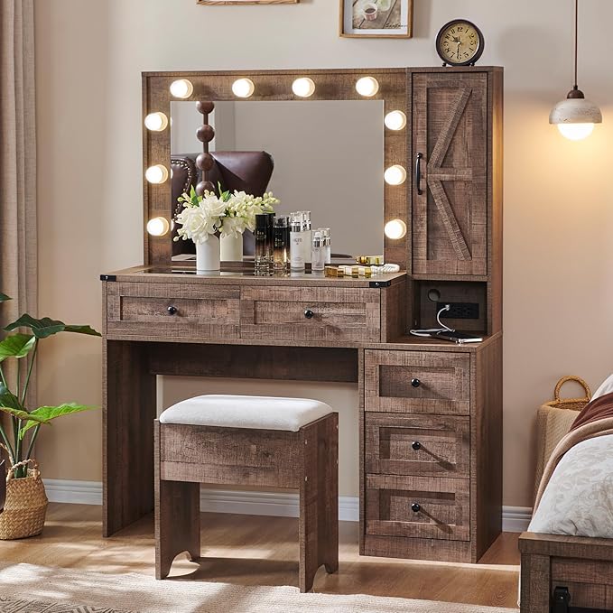 JXQTLINGMU Farmhouse Vanity Makeup Desk with Charging Station, 43" W Vanity Desk with Lights Mirror and Drawers for Makeup, Big Modern Makeup Table Set with Stool for Bedroom, Light Brown