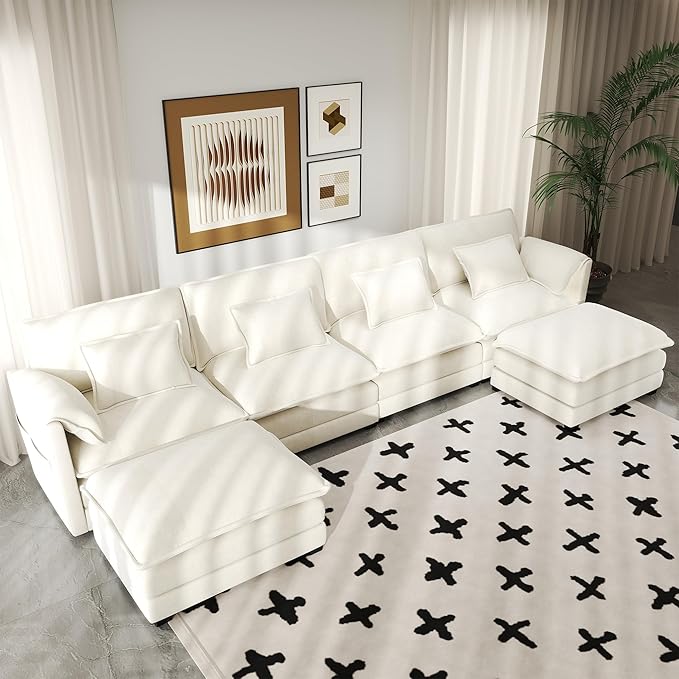 Real Relax 145'' Modular Sectional Sofa, U Shaped Chenille Convertible Couch with Movable Ottoman, 8 Pillows and 2 Armrest Pillows for Living Room, Office and Leisure Places, Beige