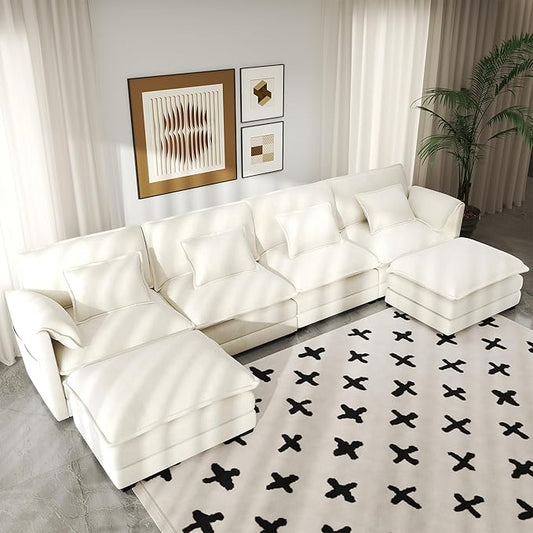 Real Relax 145'' Modular Sectional Sofa, U Shaped Chenille Convertible Couch with Movable Ottoman, 8 Pillows and 2 Armrest Pillows for Living Room, Office and Leisure Places, Beige