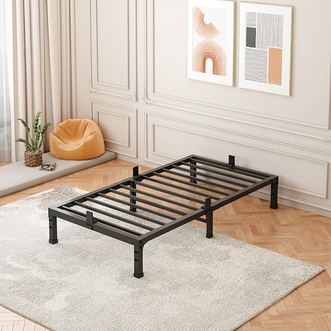 FUIOBYVV Twin XL Bed Frame,10 Inch Low-Profile Metal Platform with Space-Saving Design,Steel Slat Support,Non-Slip Mattress Stopper,No Box Spring Needed,Quiet and Sturdy,Easy Assembly