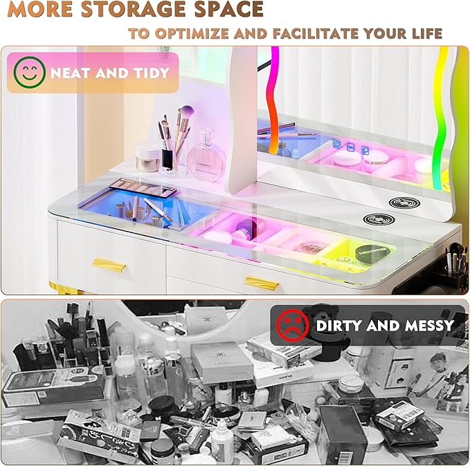 RGB Makeup Vanity Desk with Wireless Charging Station,7 Dynamic and 7 Static Dimmable Vanity Table with Visible Glass Top,Auto Sensor LED Make up Vanity with Mirror and Lights,Stool
