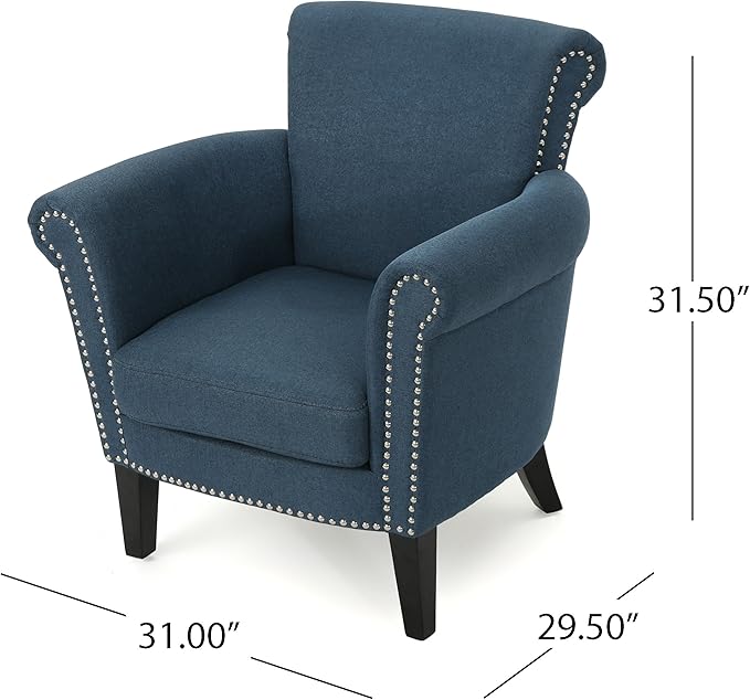 Christopher Knight Home Brice Vintage Scroll Arm Studded Fabric Club Chair, Navy Blue / Dark Brown 31D x 29.5W x 31.5H in