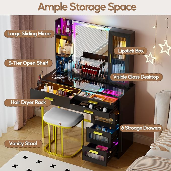Makeup Vanity Desk with Mirror and RGB Lights,Glass Top Vanity Table with Wireless Charging & Stool,Vanity Set with 6 Drawers & Storage Cabinet & Makeup Organizer，Bedroom（Black）