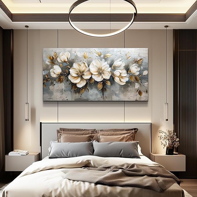 PHAOHUAXM Large Canvas Wall Art For Bedroom Wall Decoration For Living Room Restaurant Office Mural Abstract White Flowers Paintings Printing Artwork Modern Posters Home Decor Ready To Hang 24"x48"
