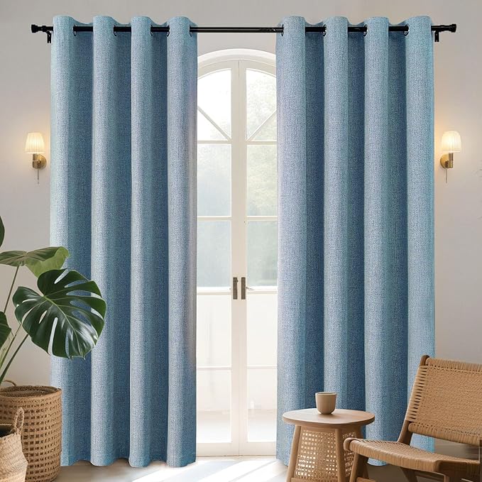 Joydeco Light Blue Blackout Curtains 90 Inches Long, Curtains 90 Inch Length 1 Panel for Bedroom, Thermal Insulated Linen Black Out Curtains with Grommets(100x90, Light Blue)