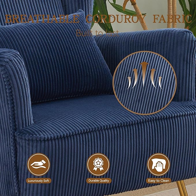 Corduroy Accent Living Room Arm Chair with Pillow & Golden Legs, 8.5" Thick Cushion, Mid Century Modern Wingback Chairs Upholstered Comfy Sofa Armchair for Reading Room/Bedroom, Blue