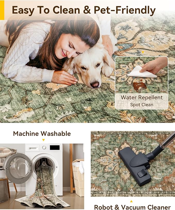 Area Rugs 2'x4' Washable Non-Slip, Floral Vintage Distress Print Pattern Medallion Carpet for Living Room Bedroom Dining Room, Brick Red Rust Neutral Brown Burnt Orange Green