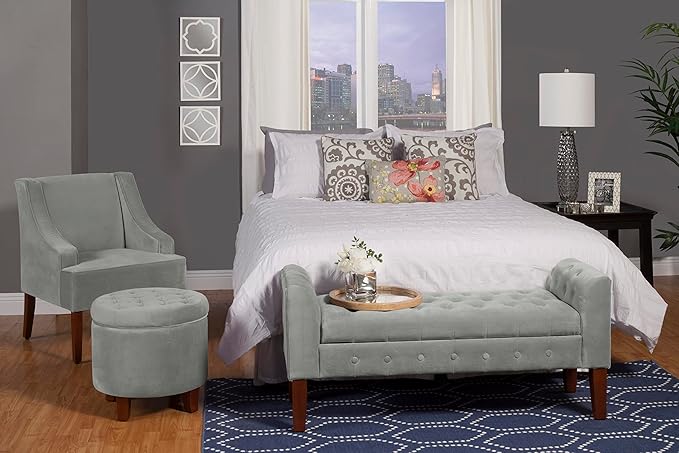 HomePop by Kinfine Fabric Upholstered Round Storage Ottoman - Velvet Button Tufted Ottoman with Removable Lid, Light Gray Small