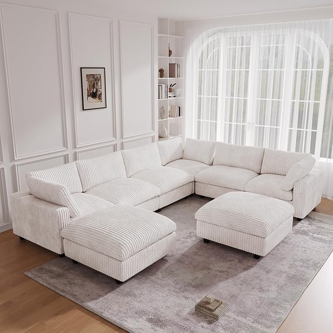 JACH 157" Modern Sectional Couch, Overzised Down Filled Soft Sofa, Deep Seat 8 Seater Convertible Modular Cloud Sofas for Living Room, Minimalist Couches,Sofa Cover Removable, Beige