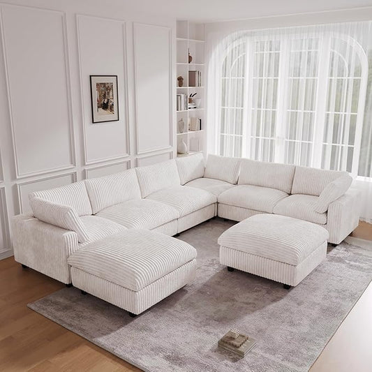 JACH 157" Modern Sectional Couch, Overzised Down Filled Soft Sofa, Deep Seat 8 Seater Convertible Modular Cloud Sofas for Living Room, Minimalist Couches,Sofa Cover Removable, Beige