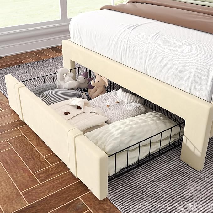 VECELO Twin Platform Bed Frame with Storage Drawer, Adjustable Velvet Rivet Decor Headboard, Wooden Slats Support, No Box Spring Needed, Easy Assembly