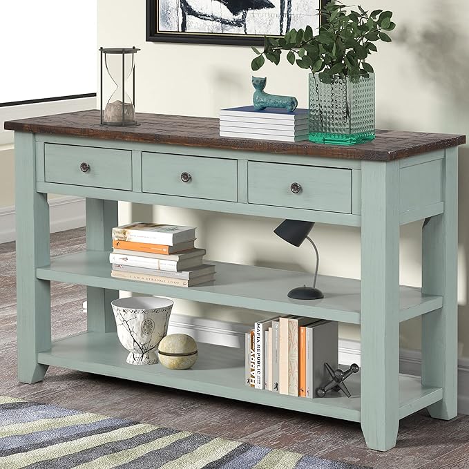 Knocbel Farmhouse Entryway Long Console Table with 3 Storage Drawers and Bottom Open Shelves, Entry Hallway Foyer Sofa Table with Handles, Retro Blue and Brown (Green and Brown)