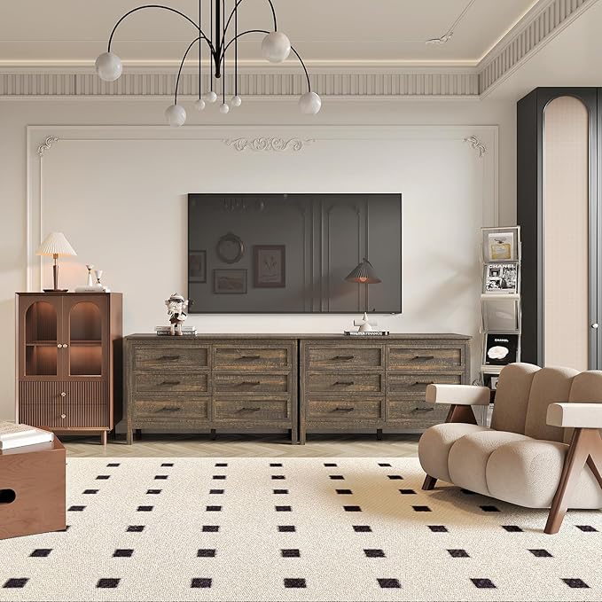 Farmhouse 6 Drawers Dresser for Bedroom, Wood Rustic Wide Chest with Natural Texture, Farmhouse Chest of Drawers for Bedroom, Hallway, Entryway, Dark Brown