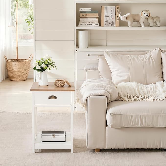 ALPHA HOME Side Table with Drawer, Farmhouse End Table Set of 2, Bedside Table Storage Shelf for Small Spaces, Nightstands Set for Living Room, Bed Room(Ivory)