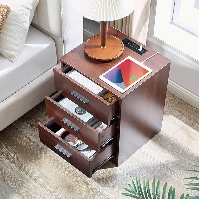 LIDYUK Dresser for Bedroom, Wood Dresser with 3 Drawers, Modern Minimalist Dressers & Chests of Drawers, 21 Inches Side Table Nightstand with Charging Station for Bedroom, Dark Cherry