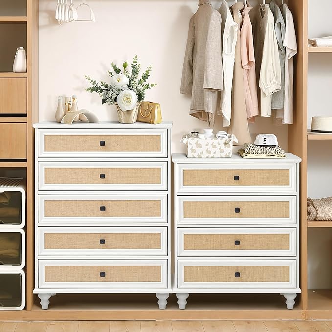 4 Drawer Dresser for Bedroom, Mid Century Modern Wide Wood Rustic Chest of Drawers Wooden Storage Organizer Dressers with Burlap Rattan Drawers for Living Room, Hallway Closet, Entryway, Beige White