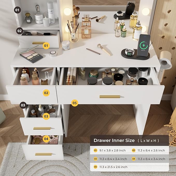 Vanity Desk with LED Lighted Mirror&Power Outlet, 3 Lighting Colors Makeup Vanity Desk with 5 Large Drawers and 3 Storage Shelves, White Vanity with Storage Stool for Bedroom