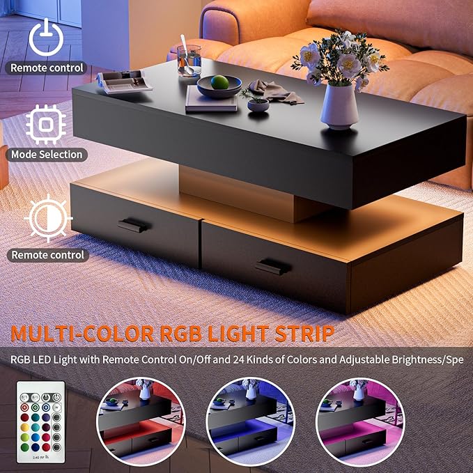 LED Coffee Table for Living Room,47.2" Large Living Room Table 2-Tier High Glossy Coffee Table with Storage,Rectangular Wooden Tea Tables for Home Office,Black