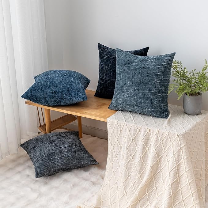 Decorative Throw Pillow Covers 20x20 Inch Set of 4, Soft Solid Farmhouse Chenille Couch Pillows, Spring Pillow Covers for Couch Sofa Bed Living Room Home Decor Pillowcase, Cool Colors