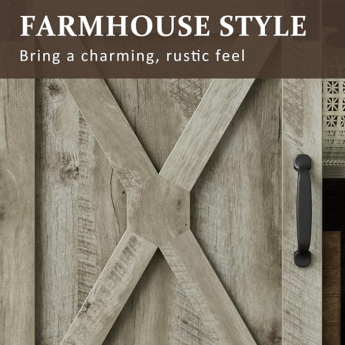Farmhouse TV Stand for 65+ Inch TV, 34'' Tall Entertainment Center with Sliding Barn Doors, Rustic Wood Media Console Storage Cabinet Television Stand for Living Room, Bedroom Light Grey