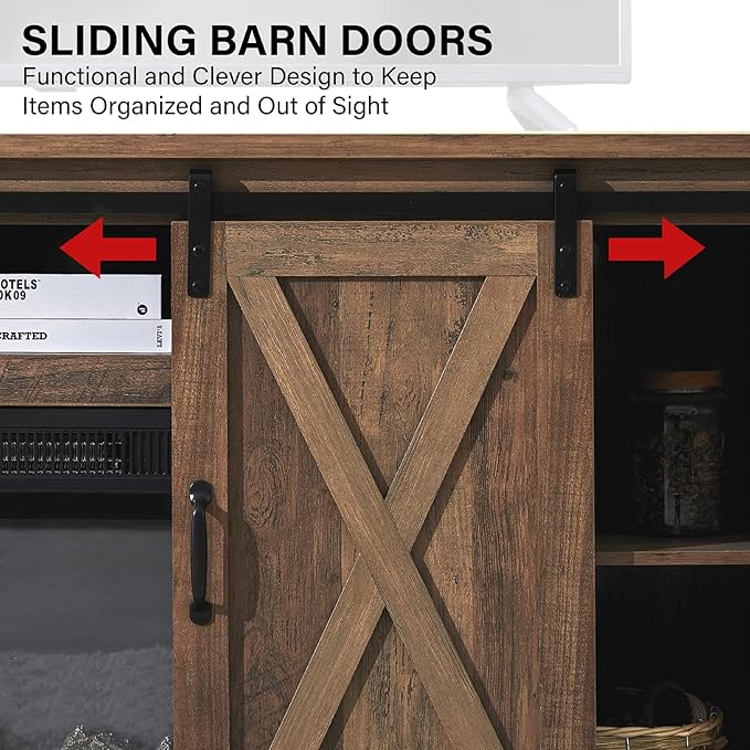 Amerlife Fireplace TV Stand with Sliding Barn Door for TVs up to 65", Farmhouse 59" Fireplace Entertainment Center with Storage Cabinets/Adjustable Shelves, Barnwood