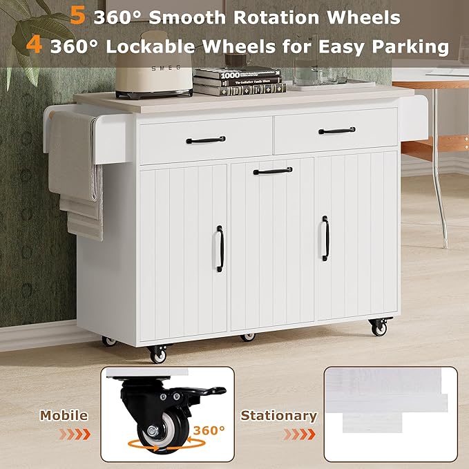 Kitchen Island with Storage & Drop Leaf, 51" Kitchen Rolling Island on Wheels with Spice Rack & Towel Rack, Kitchen Island Cart with Trash Can Storage, White