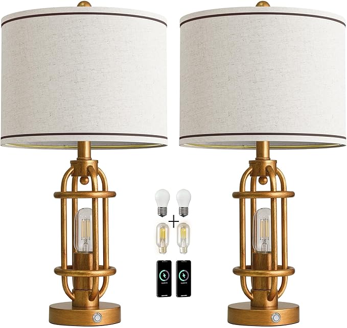 23.75'' Table Lamps Set of 2 for Living Room Bedroom Industrial Farmhouse Metal Touch Lamps with USB A+C Ports, Night Light Vintage Nightstand Bedside Lamp, Bulbs Included, Antique Gold