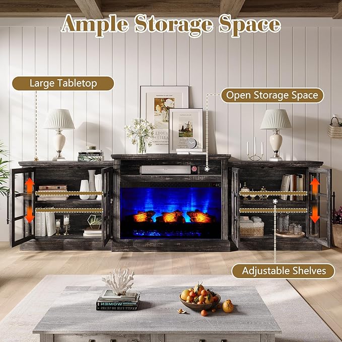 97" Farmhouse TV Stand with 33" Fireplace for TVs up to 100", Media Entertainment Center with Large Storage Cabinet and Adjustable Shelves for Living Room, Rustic Black