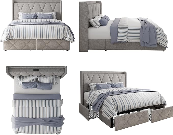 Full Size Bed Frame with 4 Storage Drawers, Upholstered Platform Bed with Charging Station, Modern Wingback Storage Headboard, Easy Assembly,Noise-Free, Light Gray