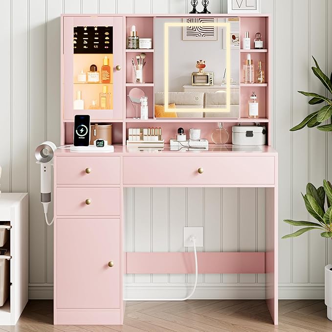 Vanity Desk with Mirror and Lights Makeup Vanity Desk with Lights 3 Colors 38" Dressing Table with Drawer and Cabinet for Bedroom Transparent Glass Top Power Outlet for Bedroom Pink