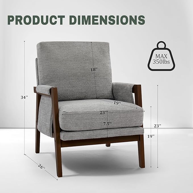 Modern Accent Chair for Living Room Mid Century Arm Chair Upholstered Bedroom Chair Comfy Lounge Chair with Solid Wood Frame, Grey