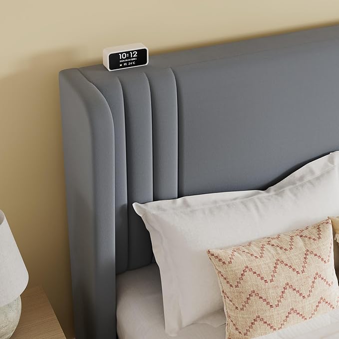 SHA CERLIN King Size Velvet Upholstered Platform Bed Frame with Vertical Channel Tufted Wingback Headboard, Wooden Slats Support, Easy Assembly, Under Bed Storage, No Box Spring Required, Grey