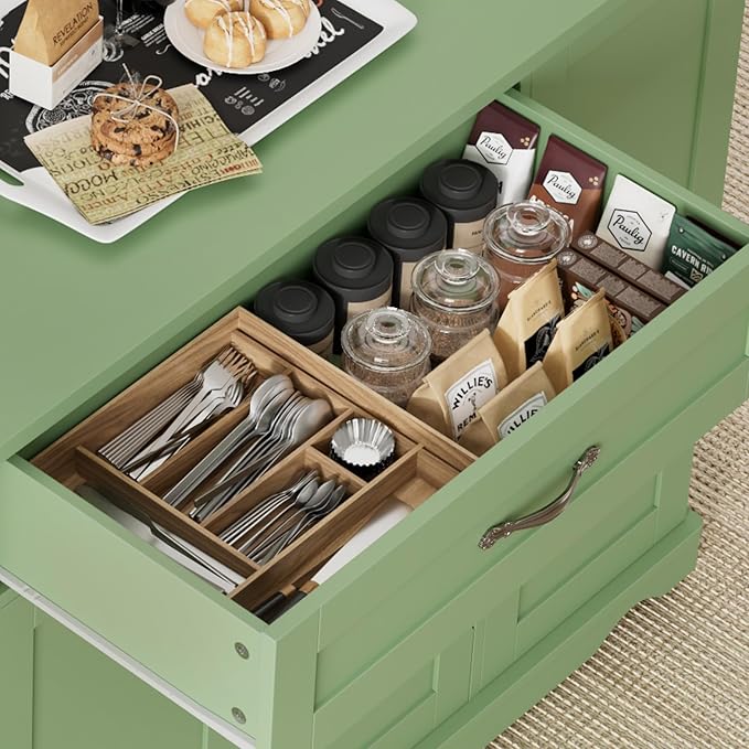 HOSTACK Kitchen Island Cart with Storage, 47'' Kitchen Storage Island on Wheels with 2 Drawer, Rolling Island Table with Adjustable Shelve, Mobile Buffet Sideboard Cabinet for Dining Room, Light Green