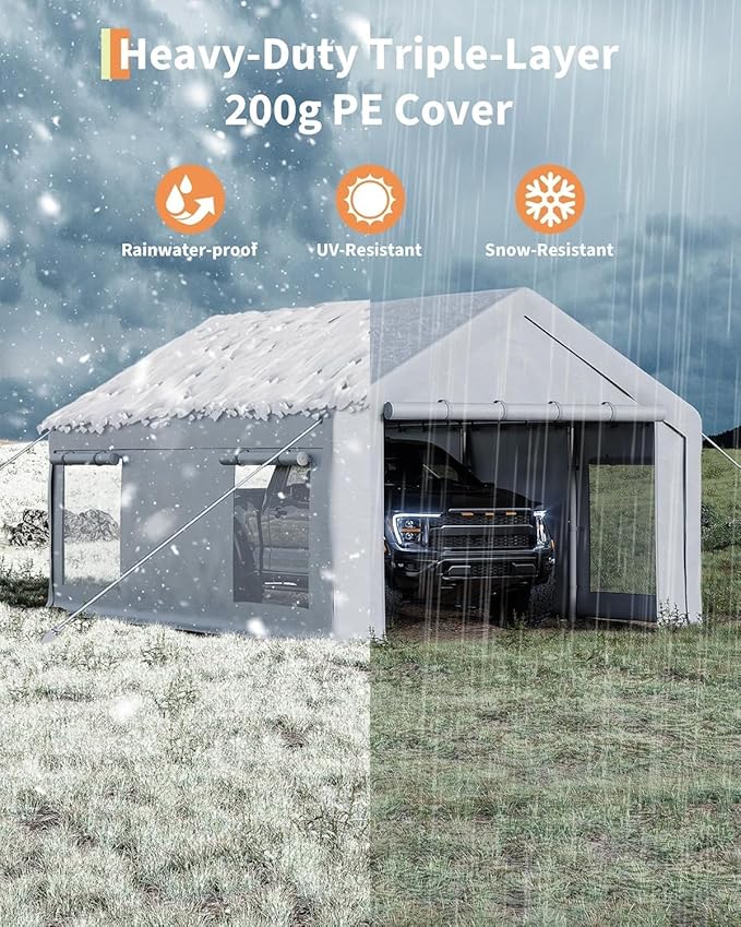12 x 20FT Heavy Duty Carport with Roll-Up Windows, Portable Garage with Removable Sidewalls & Doors, Portable Car Tent Garage with Roll-Up Windows and All-Season Tarp, for Car, Truck,