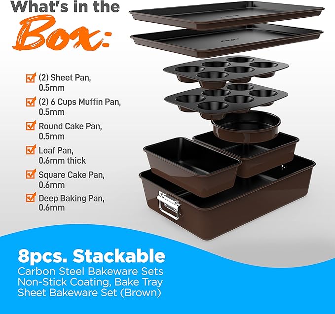 8-Piece Nonstick Stackable Bakeware Set - PFOA, PFOS, PTFE Free Baking Tray Set w/Non-Stick Coating, 450°F Oven Safe, Round Cake, Loaf, Muffin, Wide/Square Pans, Cookie Sheet (Brown)