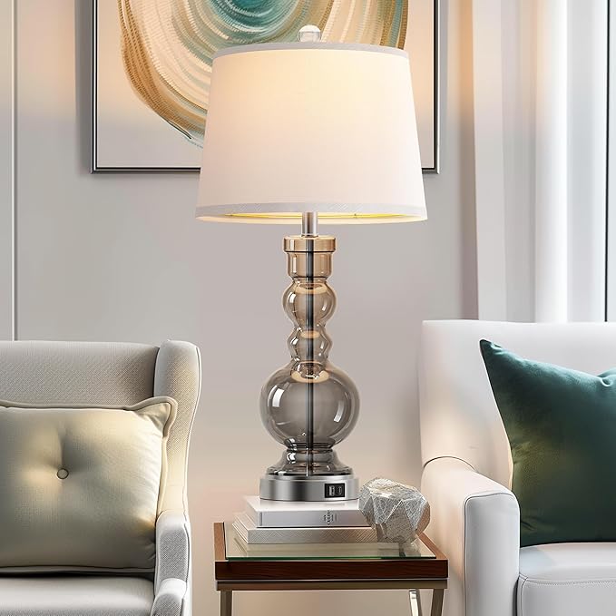 Hamucd 3-Way Dimmable Touch Control Clear Grey Glass Table Lamps Set of 2 with USB A+C for Modern Comtemporary Bedroom Nightstand Living Room Decor(Bulbs Included) (Grey)