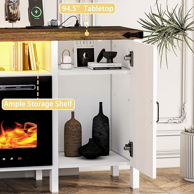 94.5" Fireplace TV Stand for TVs Up to 100", Farmhouse Entertainment Center with 60" Electric Fireplace & LED Lights, Large TV Console for Living Room, Barn Door Cabinet & Open Shelf, White