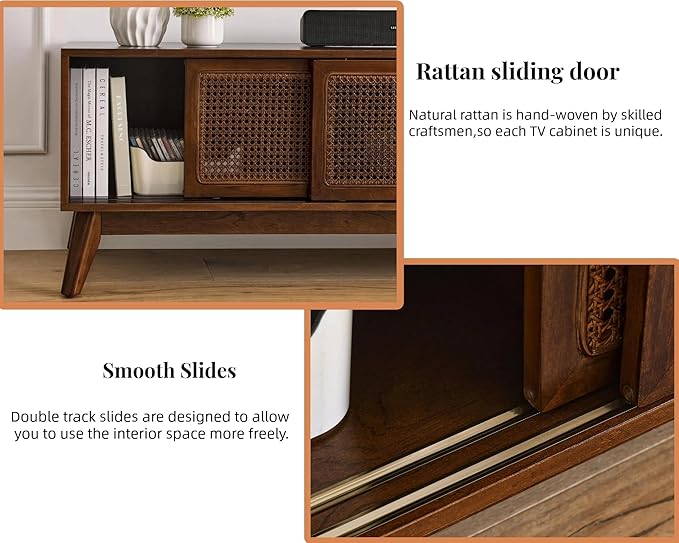 59 inch Mid Century Modern TV Stand with Rattan Cabinet Doors, Boho Entertainment Center for 55/60/65 inch TVS, Media Console for Living Room/Bedroom, Dark Walnut