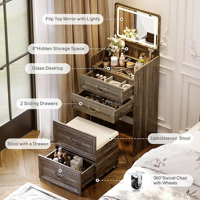 Lvifur 3 in 1 Vanity Desk with Flip Top Mirror and 3 Color Lights,Small Compact Vanity with Charging Station,Glass Top Makeup Vanity with 3 Drawers,Rolling Cushioned Stool