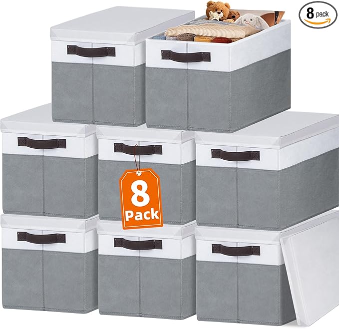 Extra Large Storage Baskets with Lids 8 Pack, 33 QT Blanket Basket for Organizing/ Stackable Decorative Closet Organizers and Storage Box for Clothes Towels/ Toy Organizers Bins with Handles/ 16x12
