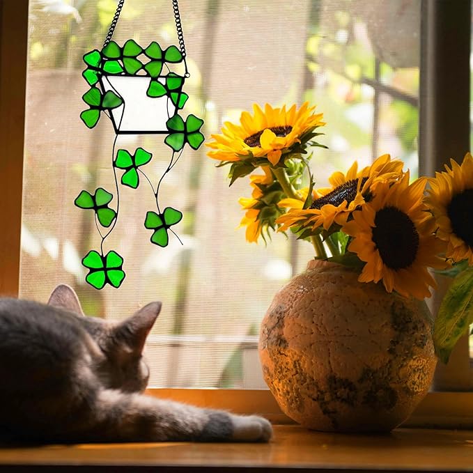 Stained Glass Four Leaf Clover Decor Suncatcher for Window, Artificial Green Plants Stained Glass Window Hanging, Fake Plant Decor Gift for Women,Mom,Plant Lovers(Four Leaf Clover)