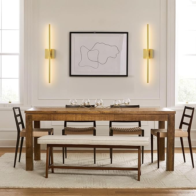 Wireless Battery Operated Wall Sconces Set of Two, Dimmable Modern Wall Sconce with Remote Control, 360°Rotation & Timer & Memory, Gold Led Rechargeable Wall Lights for Living Room, 28.3 Inch